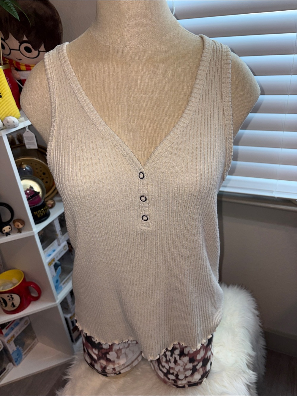 Cream Ribbed V-Neck Button Tank Top